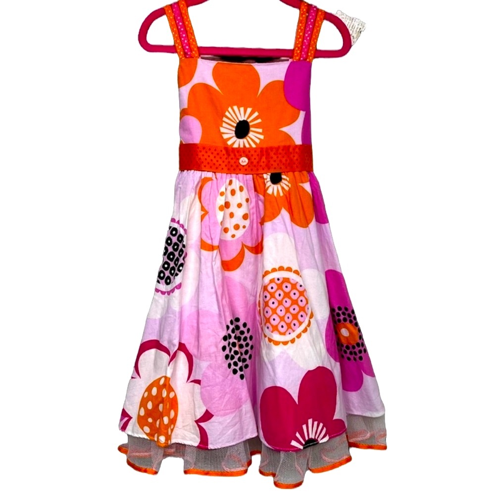 RARE EDITIONS Sun Dress Floral Pink Orange Lined Ruffled Lace Sz 4 T